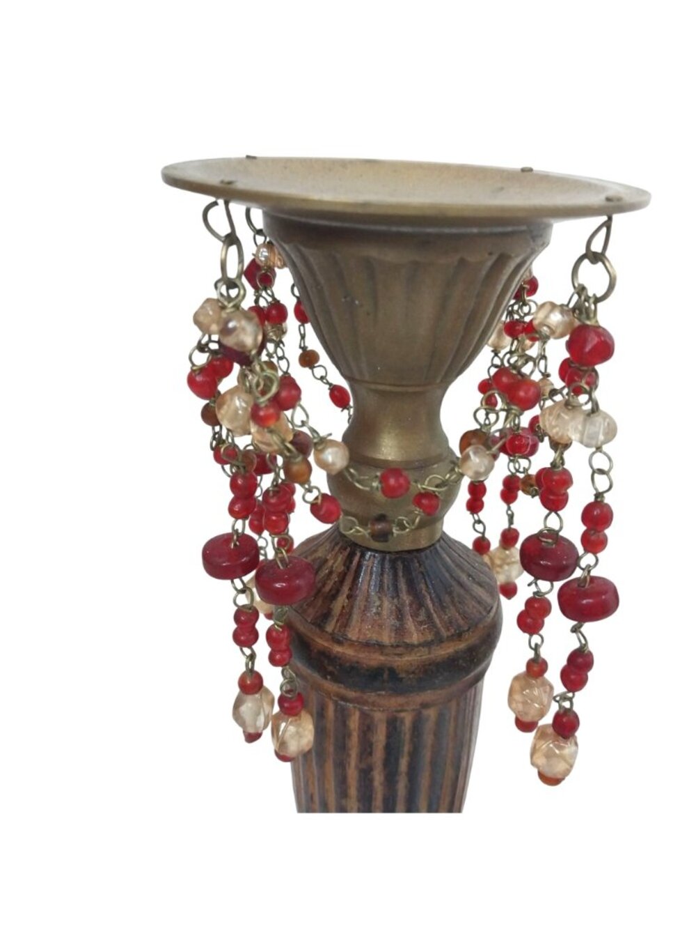 Vintage Brass & Laquered Wood Candlestick Holders Beaded Garland Pair Set of 2 - Picture 3 of 9